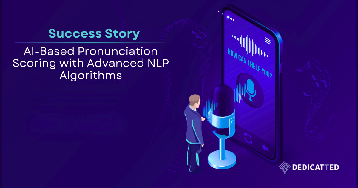 Isometric speech recognition application illustration showing AI pronunciation scoring technology with voice waveforms smartphone interface and language learning assessment platform.