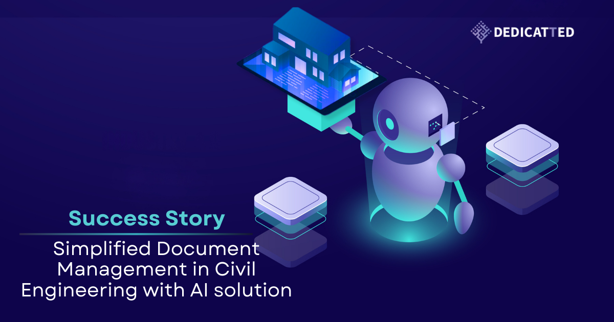 Isometric AI document management illustration showing robot analyzing building blueprints with civil engineering digital transformation case study for construction industry.