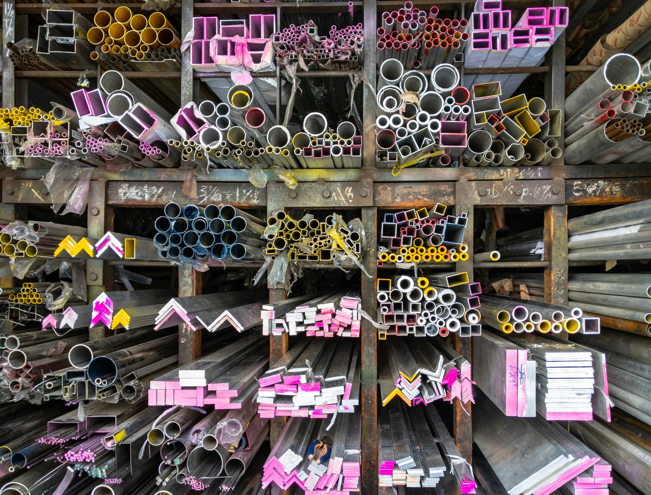 Organized stacks of various metal pipes, tubes, and bars in different shapes and colors stored in an industrial warehouse.