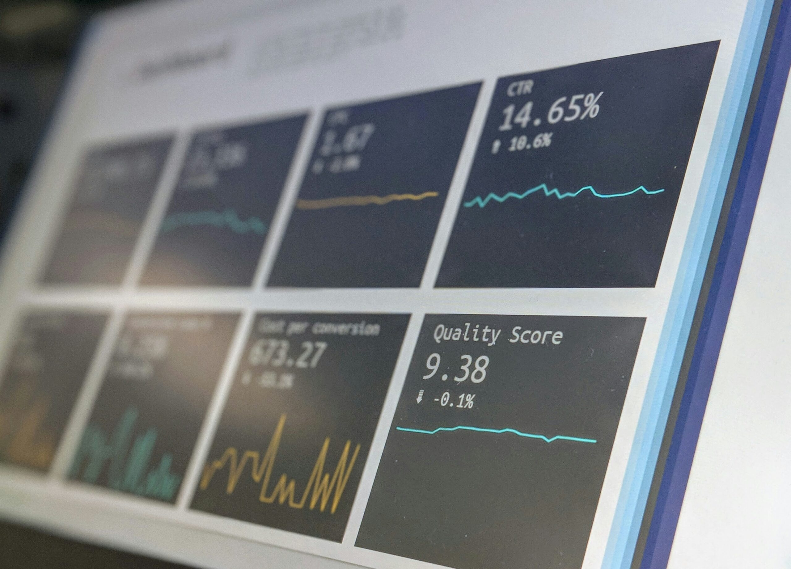 Analytics dashboard close-up showing key performance metrics: CTR, quality score, conversions—ideal for data-driven marketing or business intelligence.