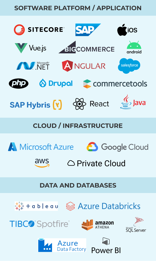 Supported technology stack featuring software platforms (Sitecore, SAP, Vue.js, React), cloud infrastructure (Azure, AWS, Google Cloud), and data solutions (Tableau, Azure Databricks, SQL Server)