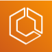 white hexagon icon with abstract container design on orange gradient background representing Amazon ECS (Elastic Container Service)