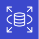 white stacked database icon with four outward-pointing arrows on blue background representing Amazon RDS (Relational Database Service)