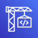 white construction crane lifting code symbol box on blue gradient background representing AWS CodeBuild