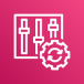 white icon of control sliders and gear with sync arrows on pink gradient background representing AWS Application Auto Scaling