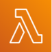 white Greek letter lambda icon on orange gradient background representing AWS Lambda