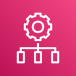 white gear icon connected to three hierarchical nodes on pink gradient background representing AWS Systems Manager