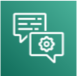 Amazon Lex icon representing machine learning or automated customer interaction, showing two overlapping speech bubbles—one with horizontal lines (text) and one with a gear symbol—on a green gradient background.