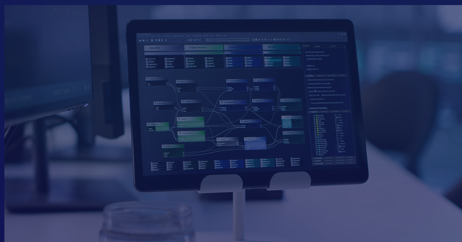 Code running on computer screens and tablets in an empty data center