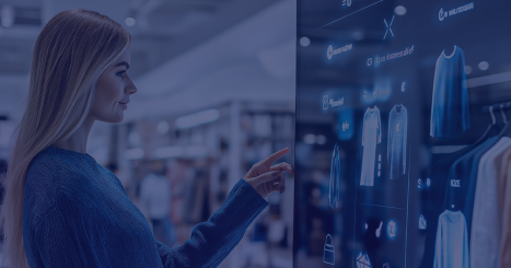 Woman interacting with a digital touchscreen displaying clothing items in a smart retail environment.