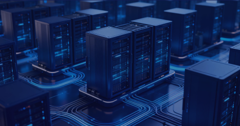 Rows of modern data center server racks connected by glowing blue data lines, representing high-performance computing and AI infrastructure.