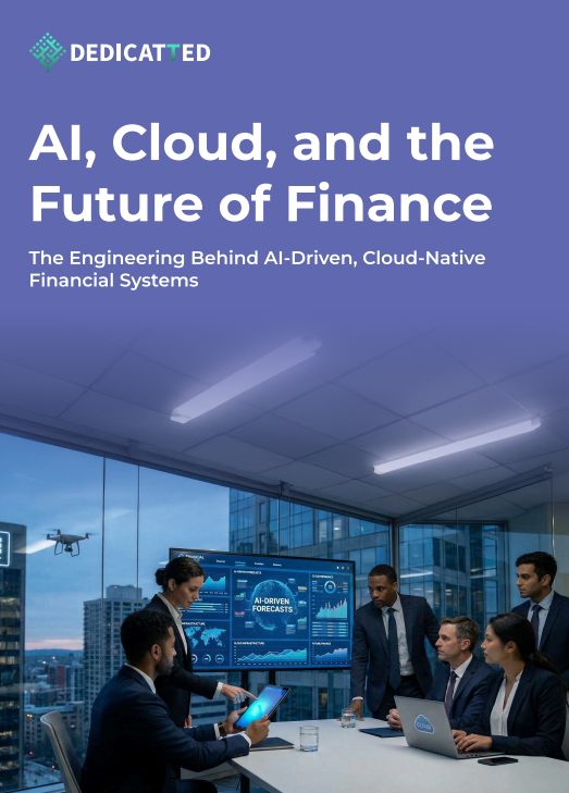 White paper cover titled ‘AI, Cloud, and the Future of Finance: The Engineering Behind AI-Driven, Cloud-Native Financial Systems,’ featuring business professionals reviewing AI analytics on screens in a modern office.
