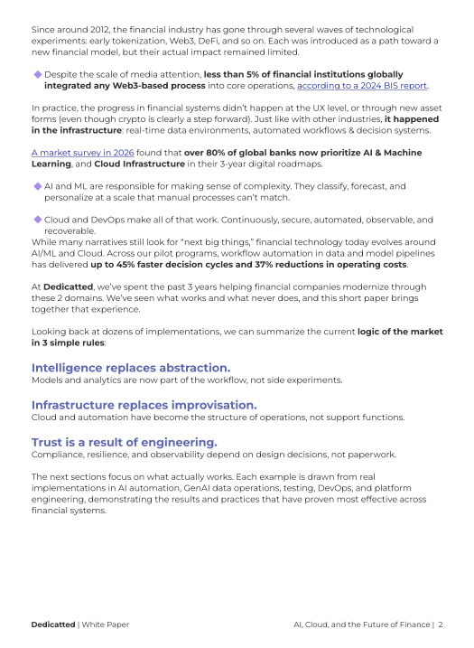 White paper page on AI, Cloud, and the Future of Finance outlining limited Web3 adoption, increased prioritization of AI/ML and cloud infrastructure by banks, and key themes such as ‘Intelligence replaces abstraction,’ ‘Infrastructure replaces improvisation,’ and ‘Trust is a result of engineering.’ It includes supporting statistics on faster decision cycles and reduced operating costs